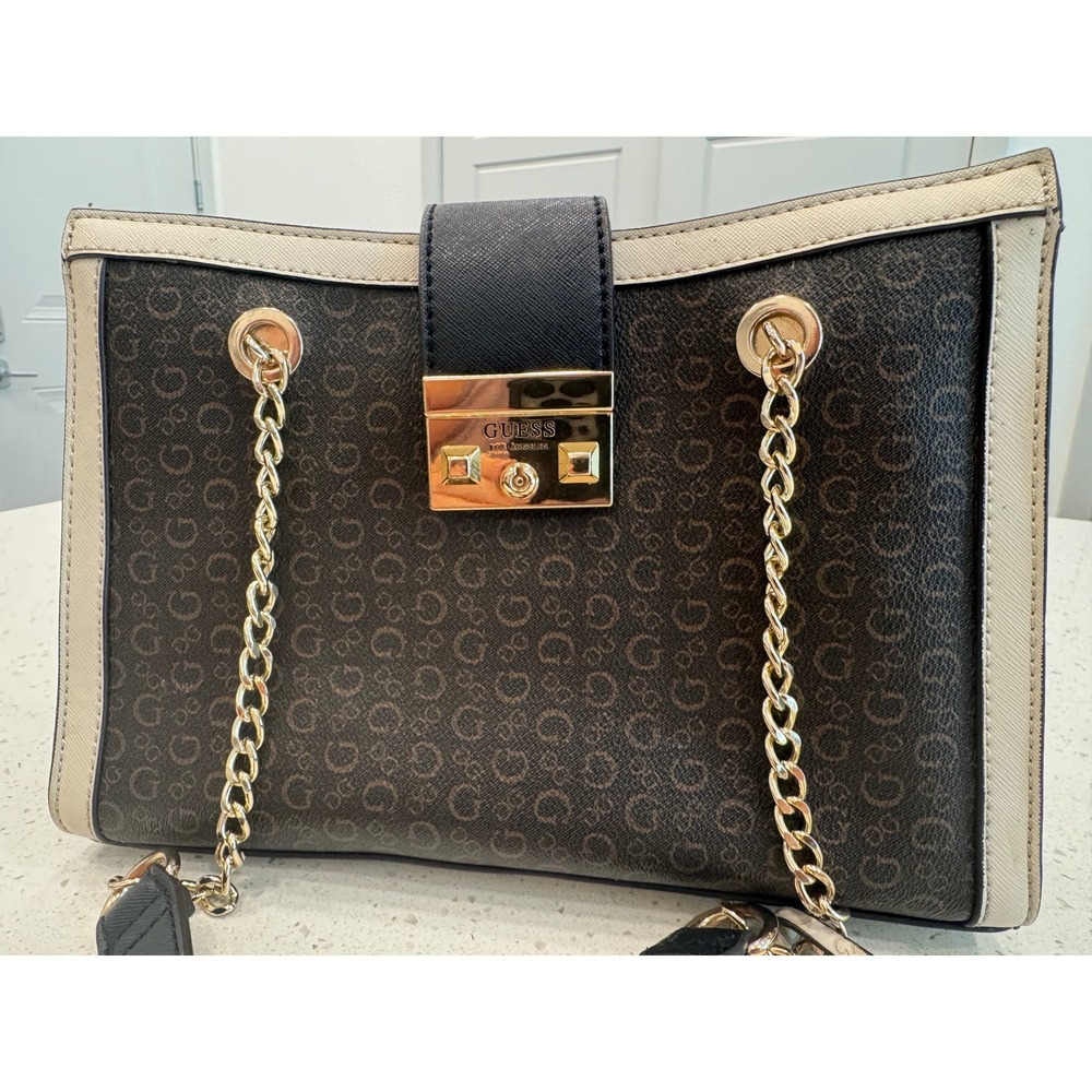 Guess‎ Satchel Handbag Womens Brown Good Classic Chic Monogram Chain Strap Bag - Picture 2 of 11